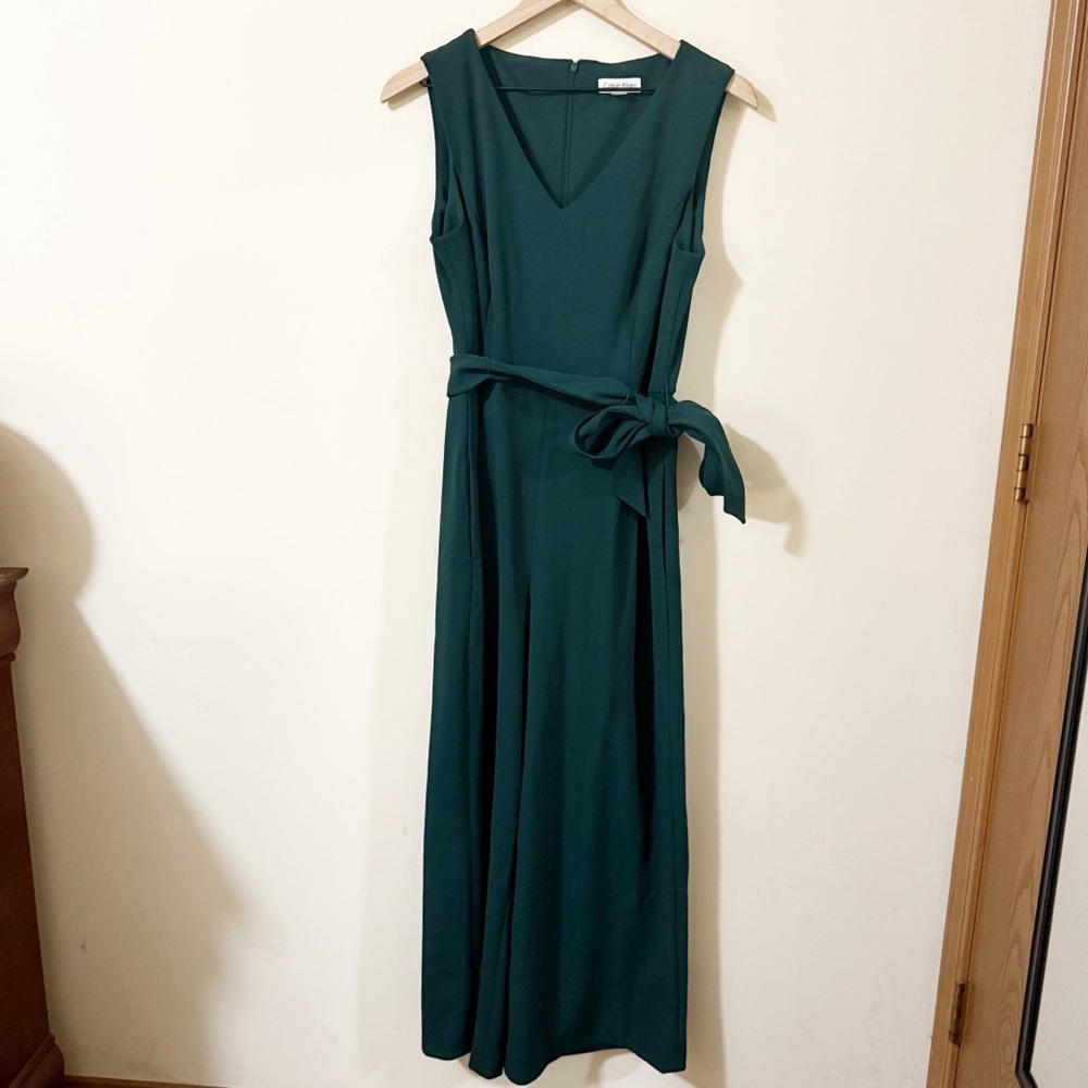 Calvin Klein Womens Green Sleeveless Jumpsuit With Tie Waist Size 10 Casual